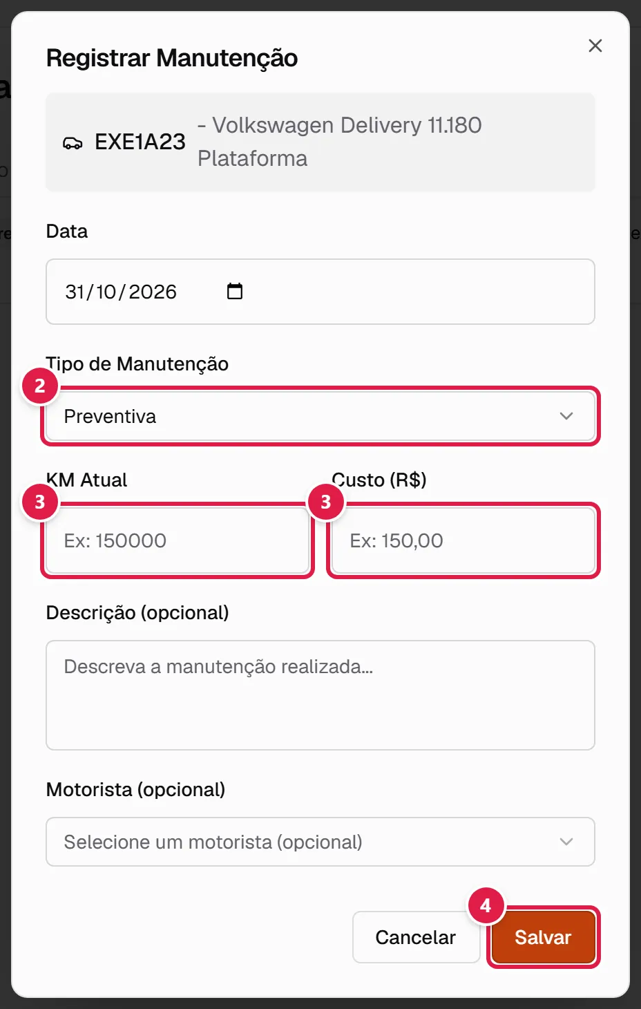 Janela de nova manutenção
