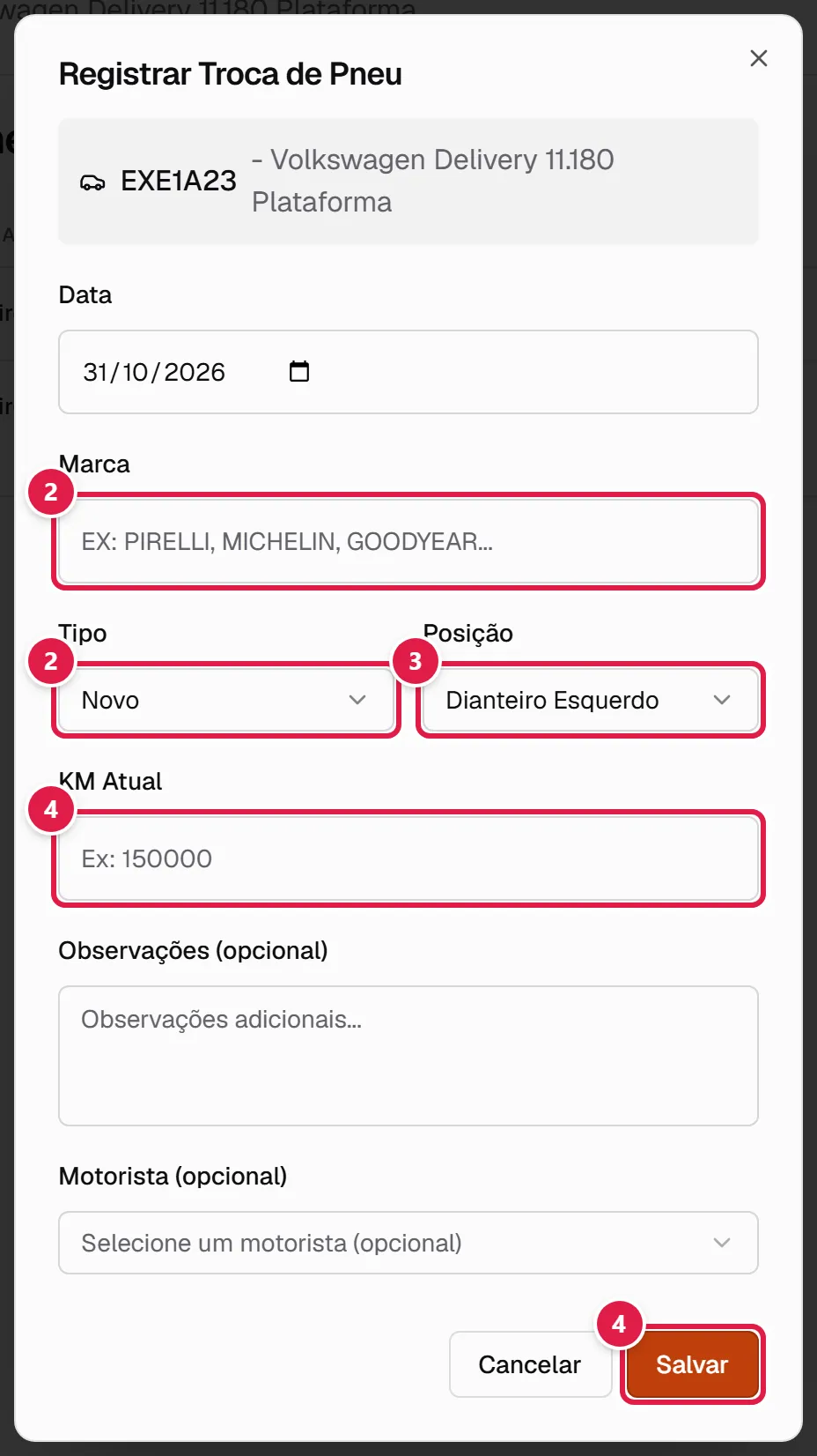 Janela Registrar Troca de Pneu