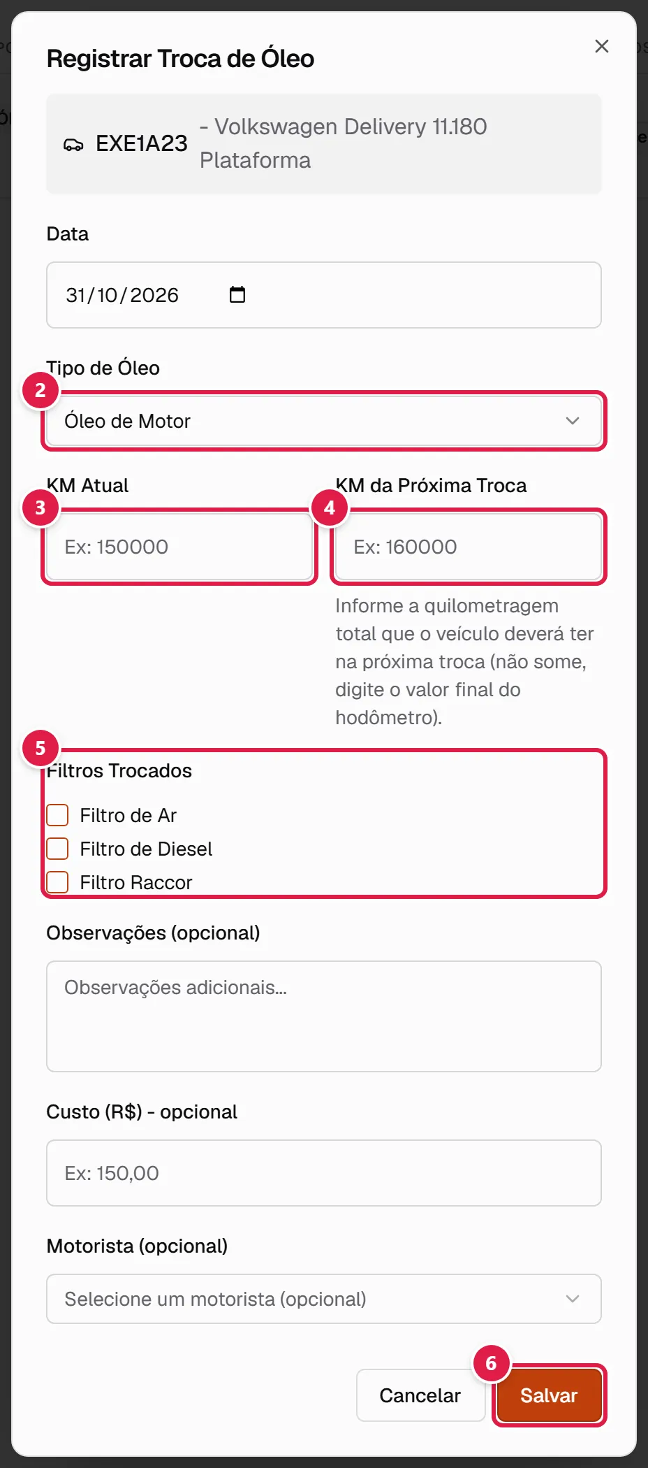 Janela de nova troca de óleo