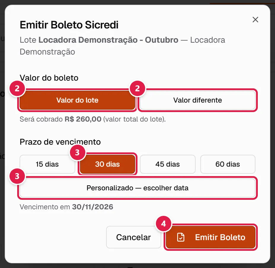 Janela Emitir Boleto Sicredi