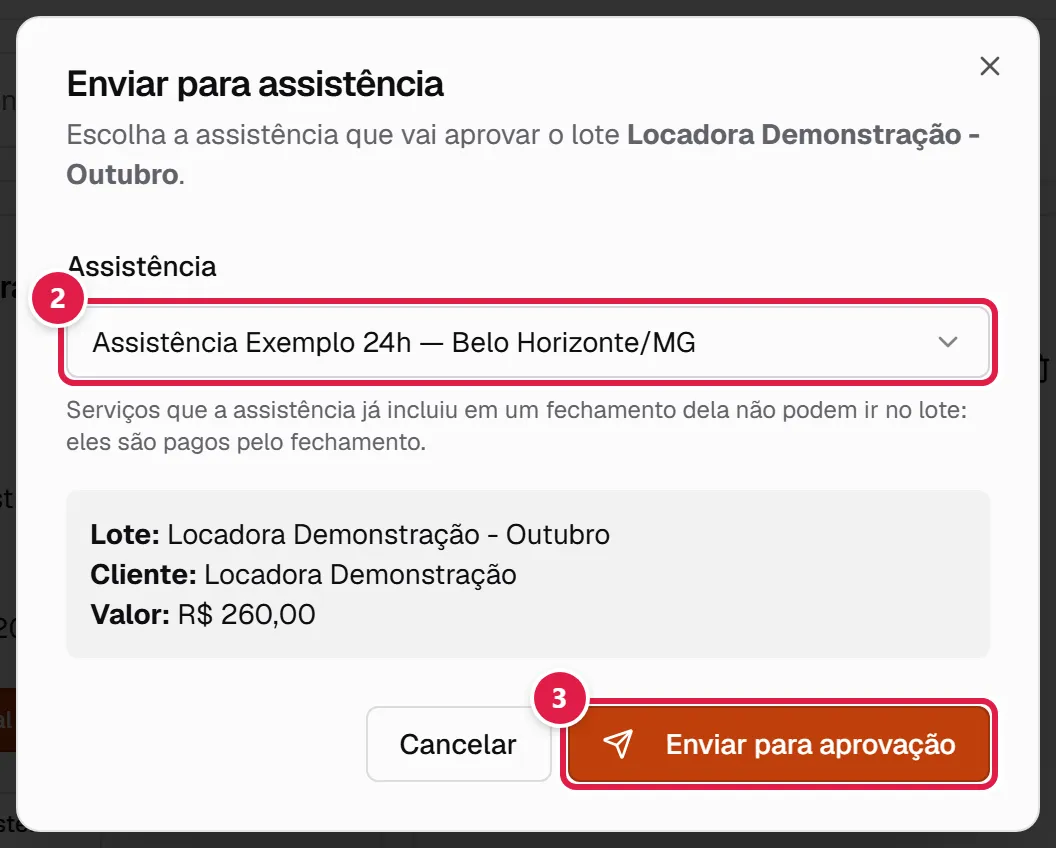 Janela Enviar para assistência
