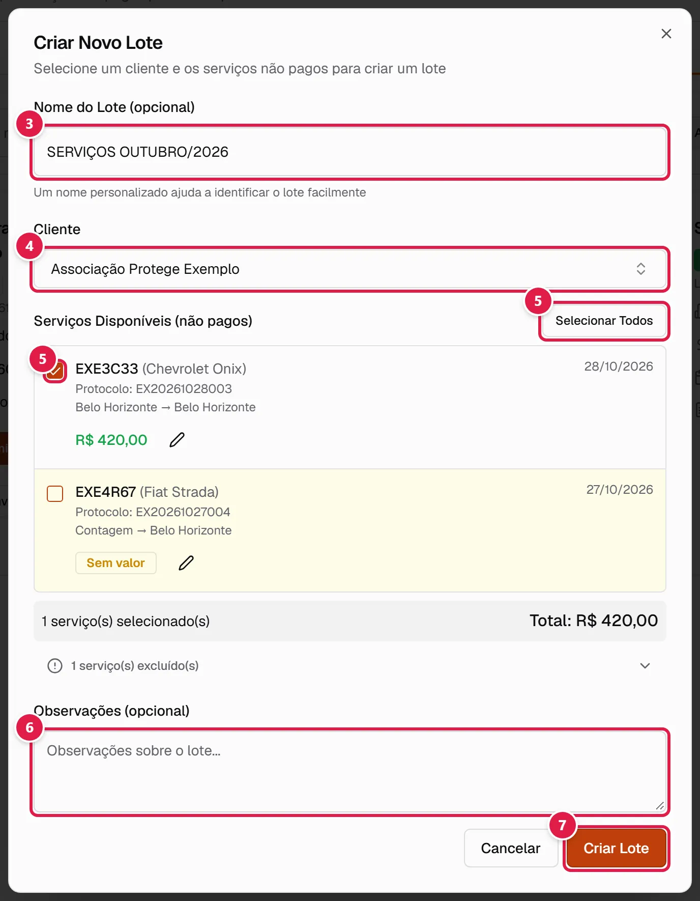 Janela Criar Novo Lote