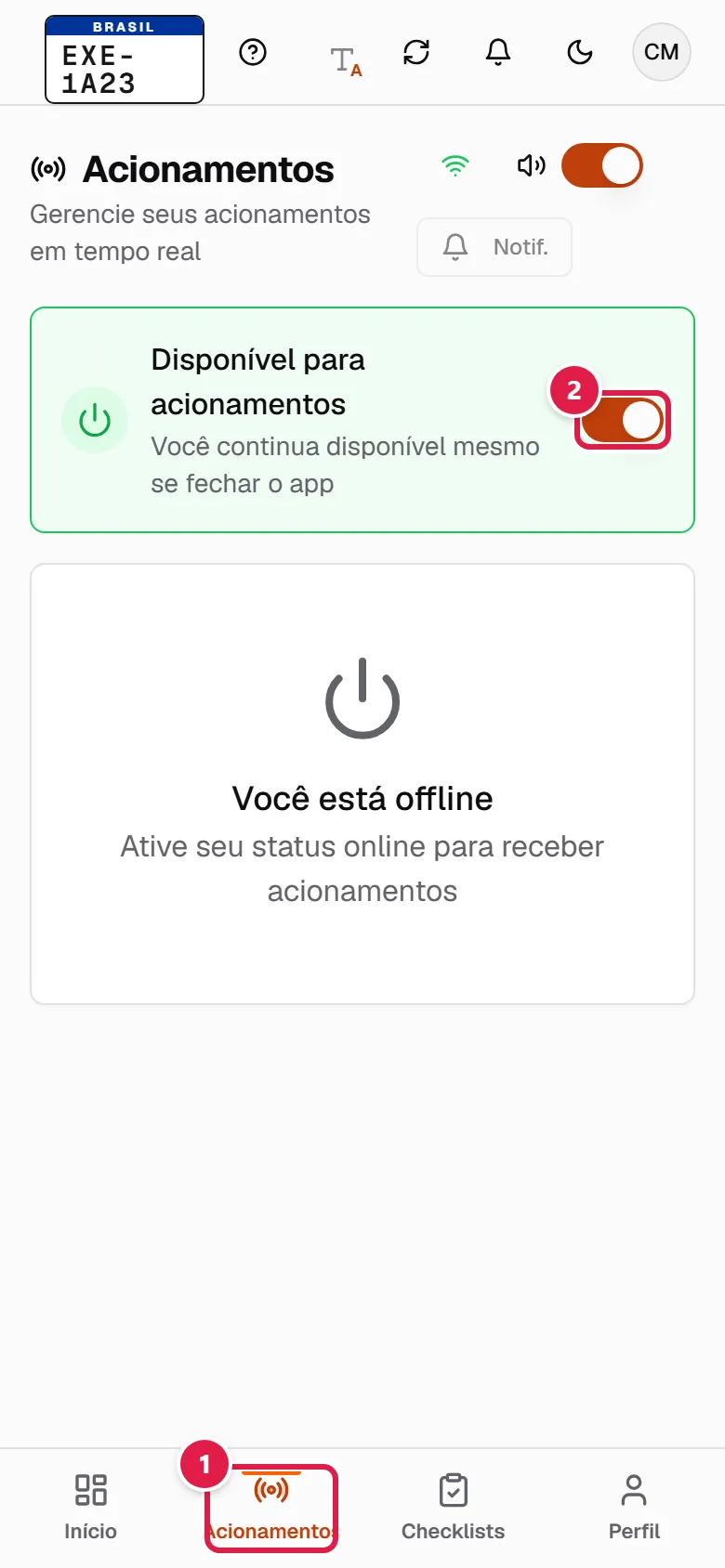 Tela de Acionamentos do motorista com a chave de disponibilidade