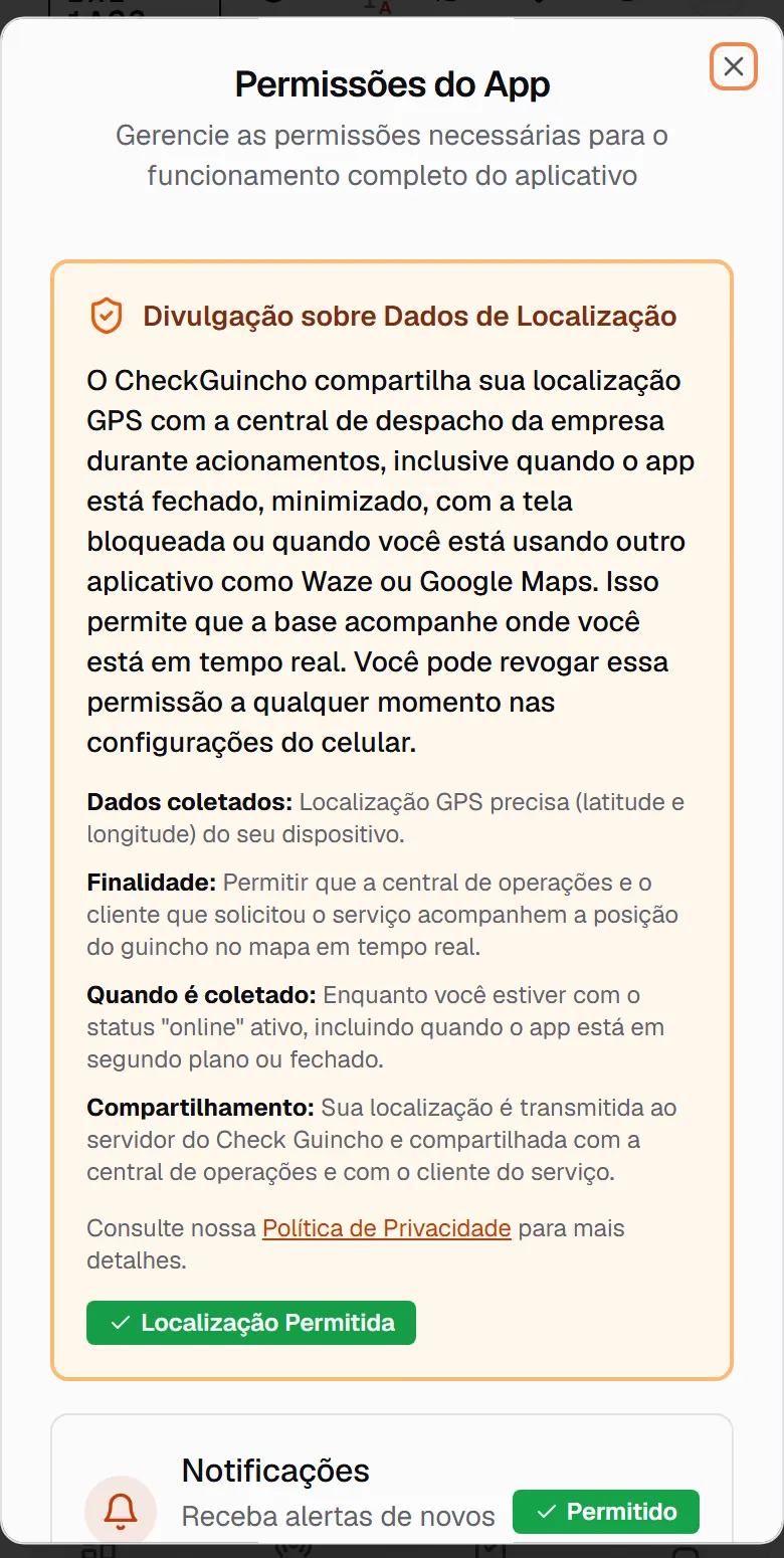 Tela Permissões do App com a localização e as notificações