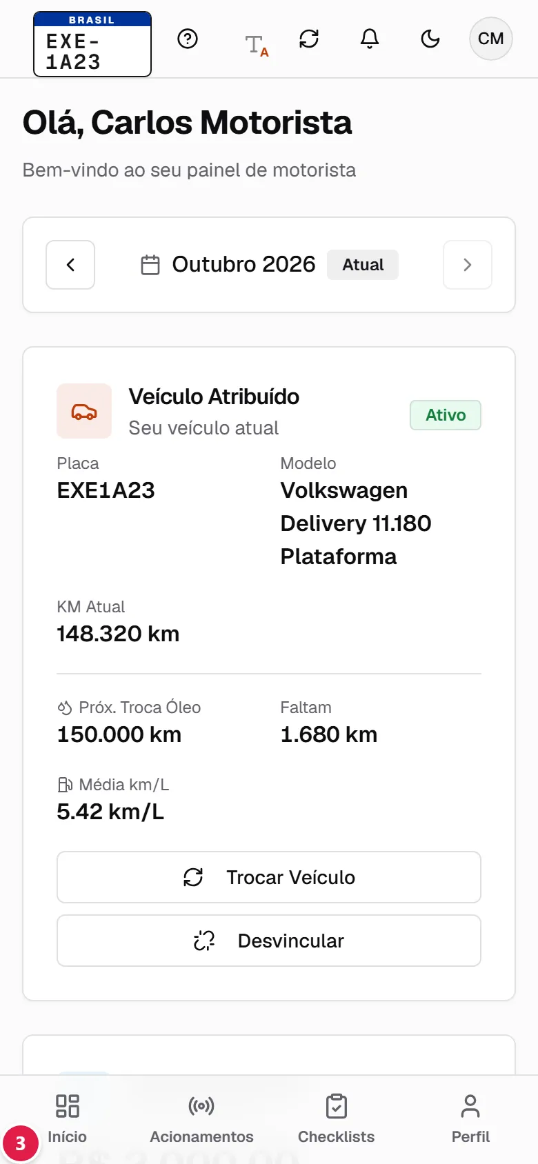 Bloco Ações Rápidas do painel do motorista