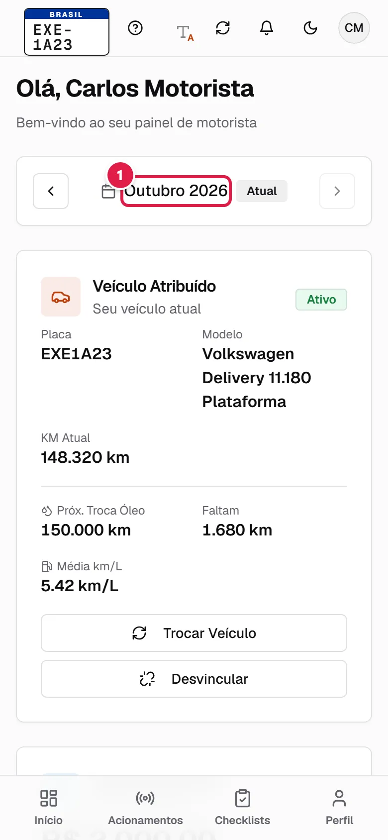 Topo do painel do motorista com o seletor de mês
