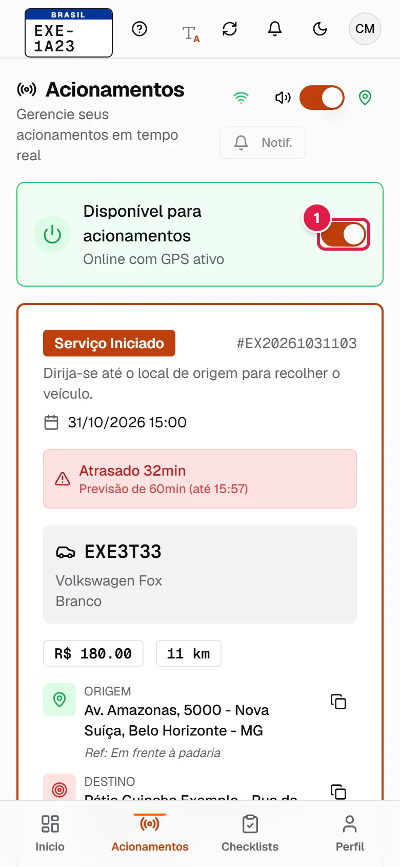 Chave de disponibilidade na tela de Acionamentos