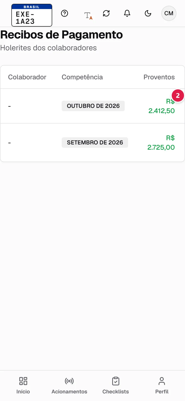 Tela Recibos de Pagamento com a lista de recibos
