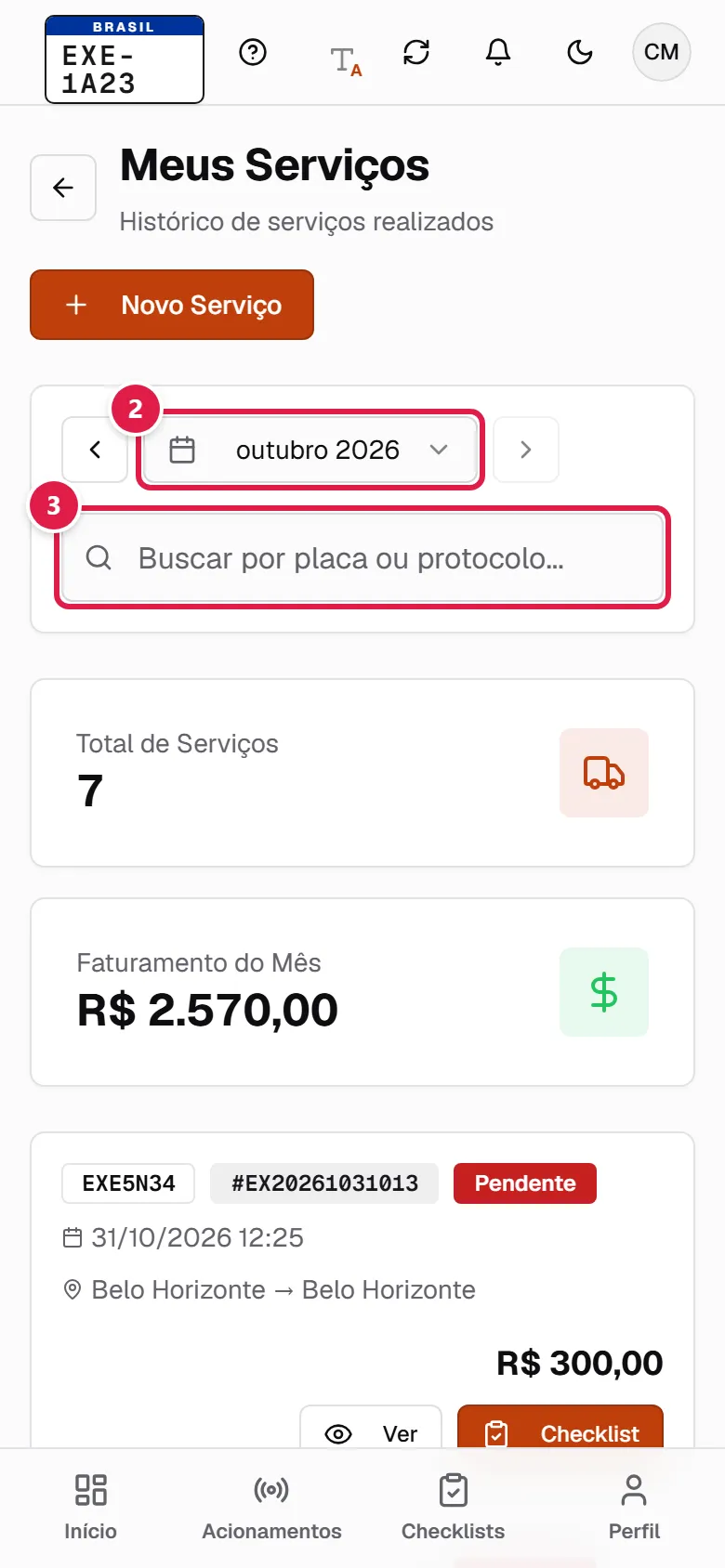 Tela Meus Serviços com o seletor de mês e a busca