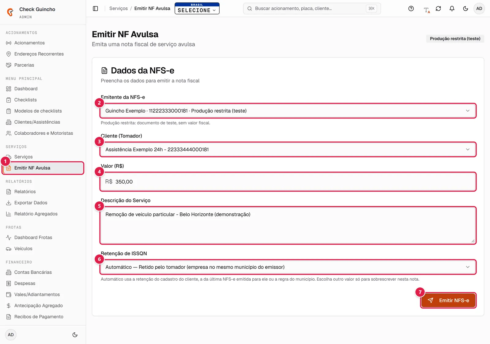 Formulário Emitir NF Avulsa