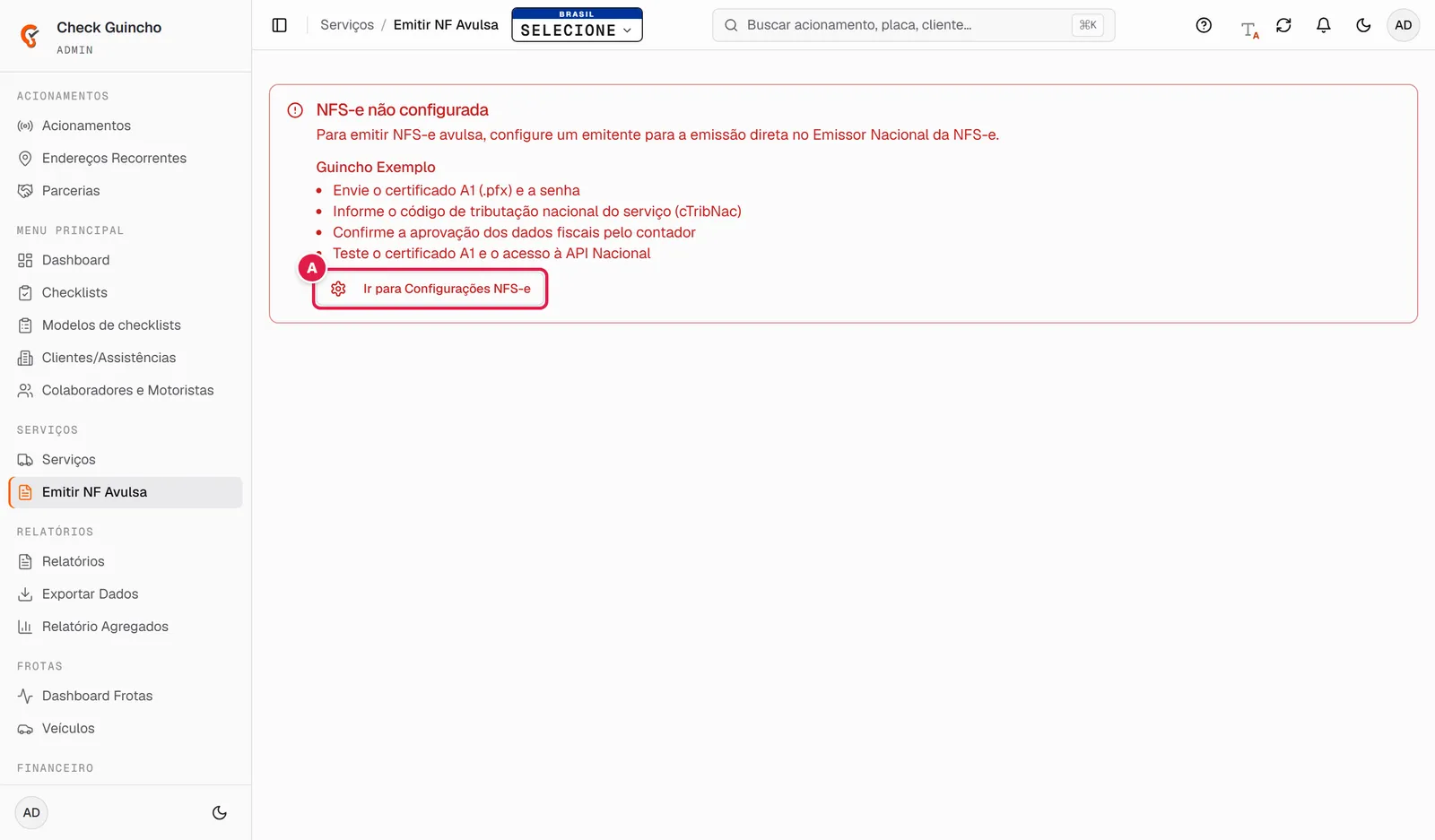 Aviso NFS-e não configurada com o botão Ir para Configurações NFS-e