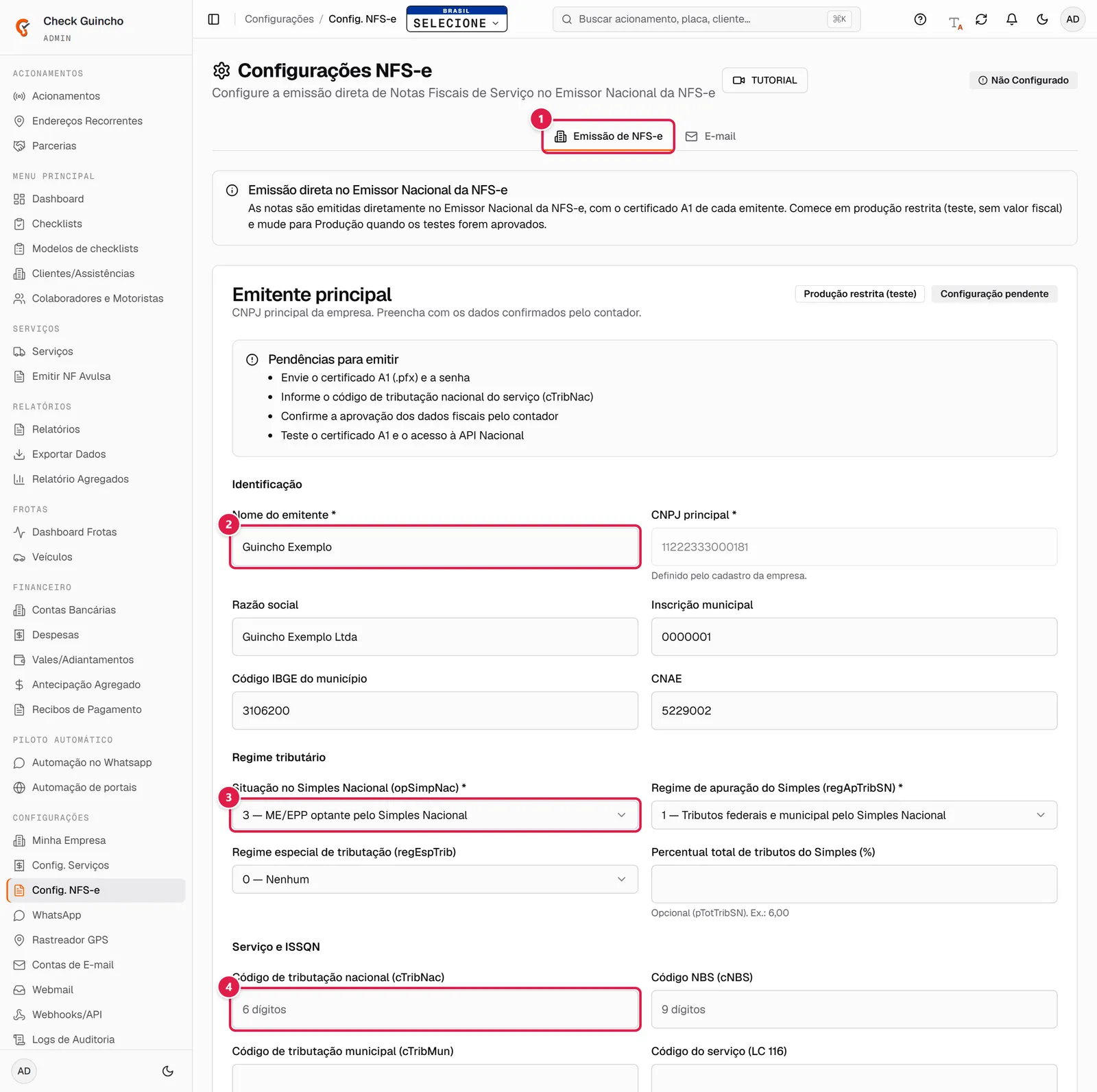 Cartão do emitente principal com identificação e regime tributário