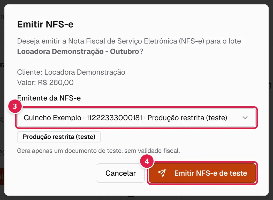 Janela de emissão com a escolha do emitente