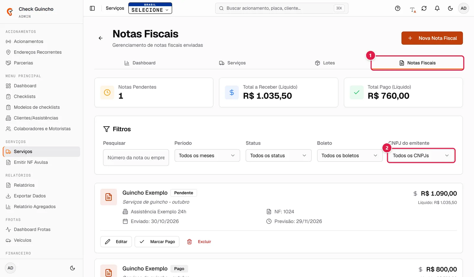 Aba Notas Fiscais com o filtro de CNPJ do emitente