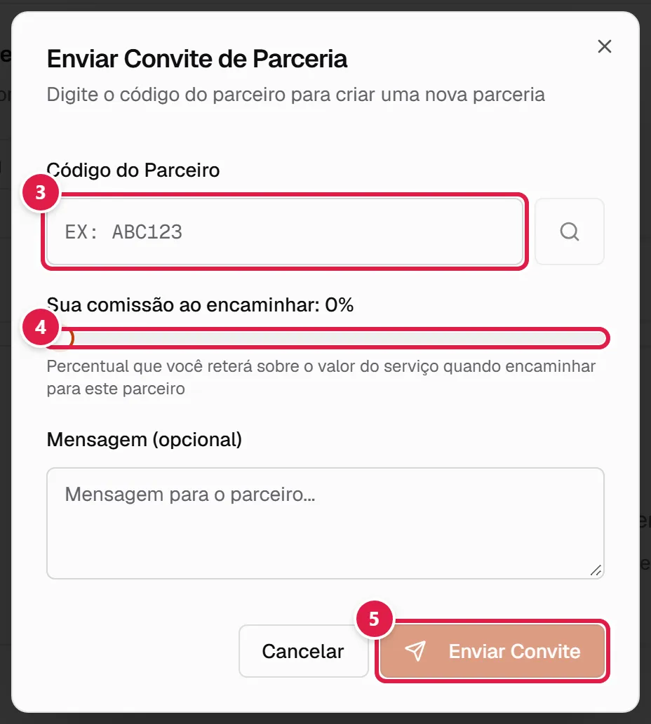 Janela Enviar Convite de Parceria