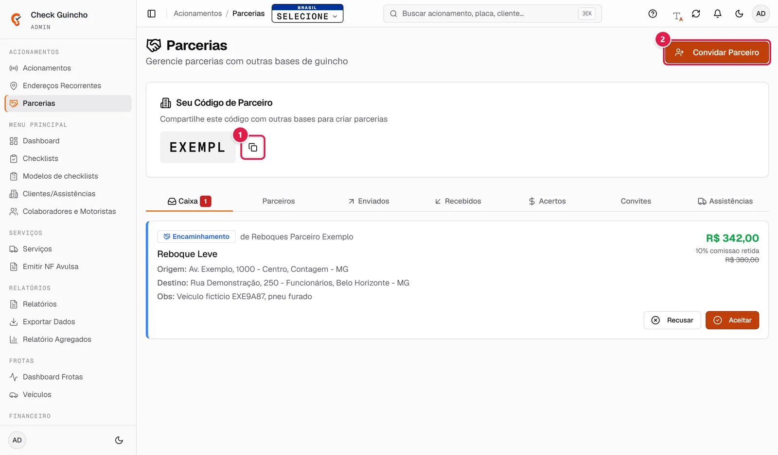 Tela Parcerias com o código de parceiro