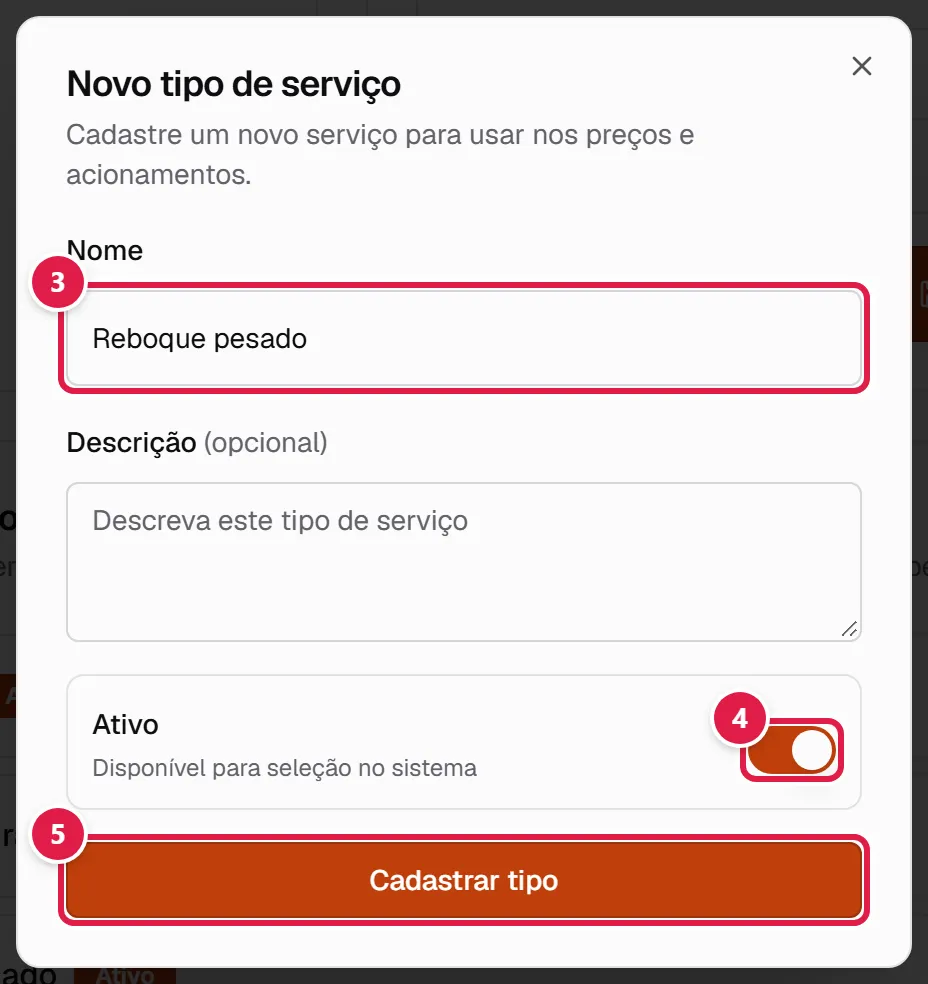 Janela Novo tipo de serviço