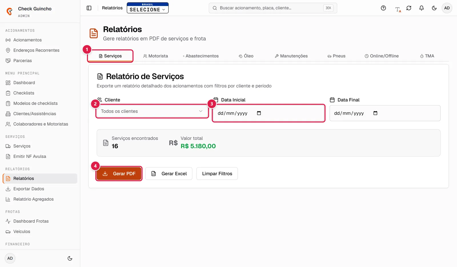 Relatório de serviços com filtros