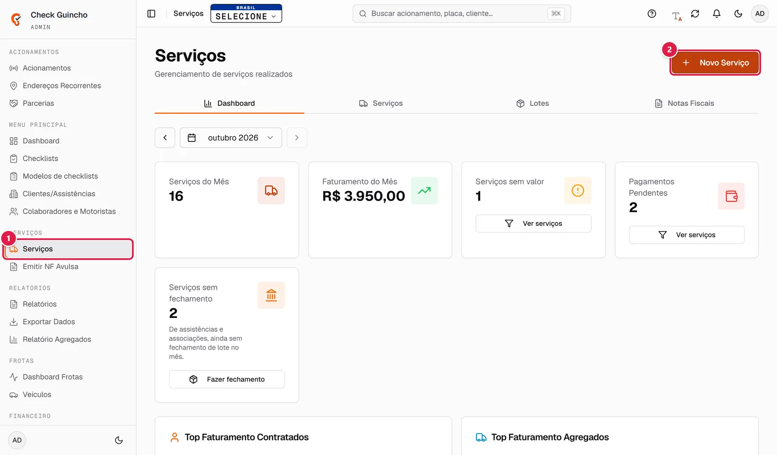 Botão Novo Serviço na tela de Serviços