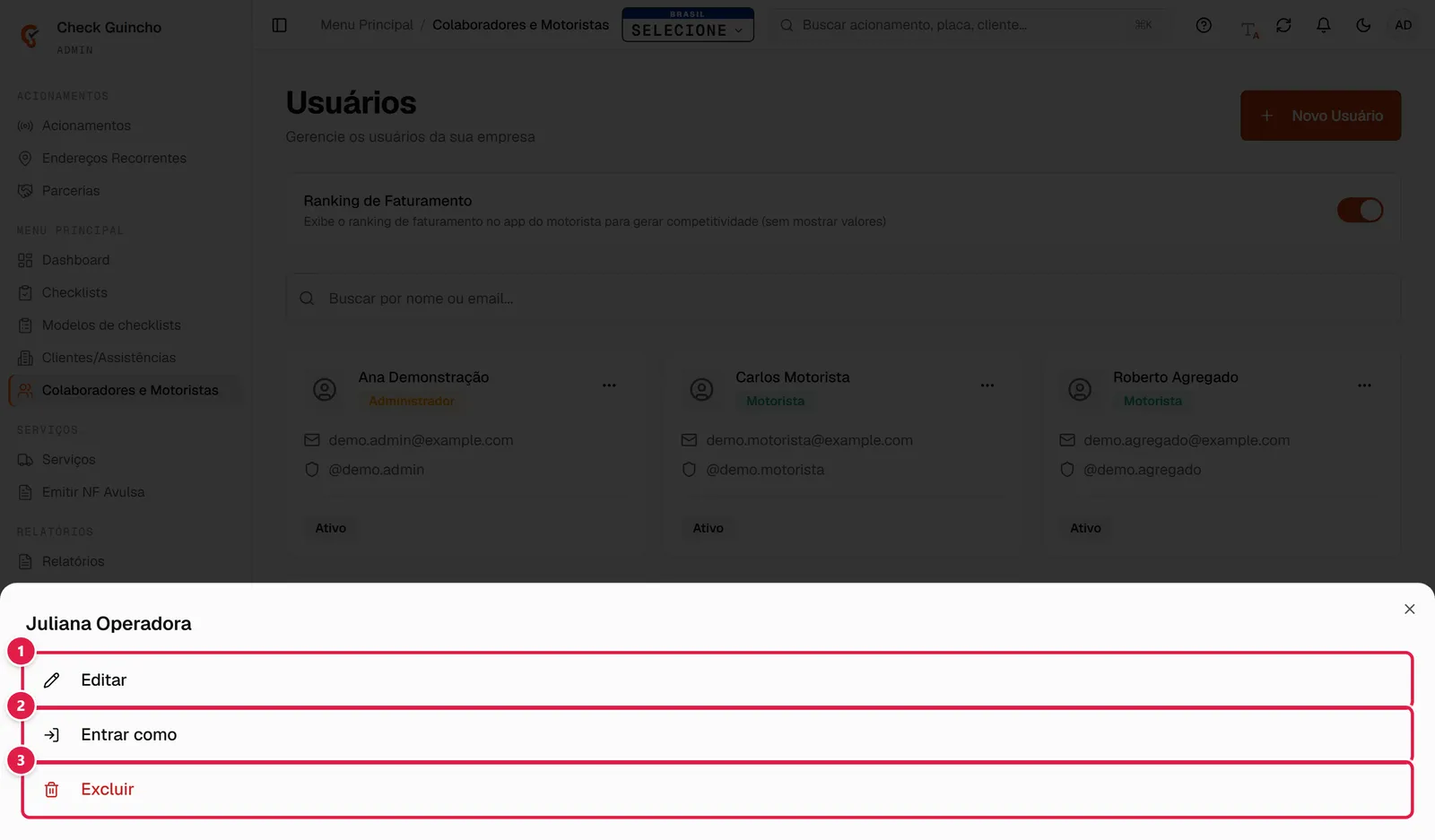 Ações de um usuário