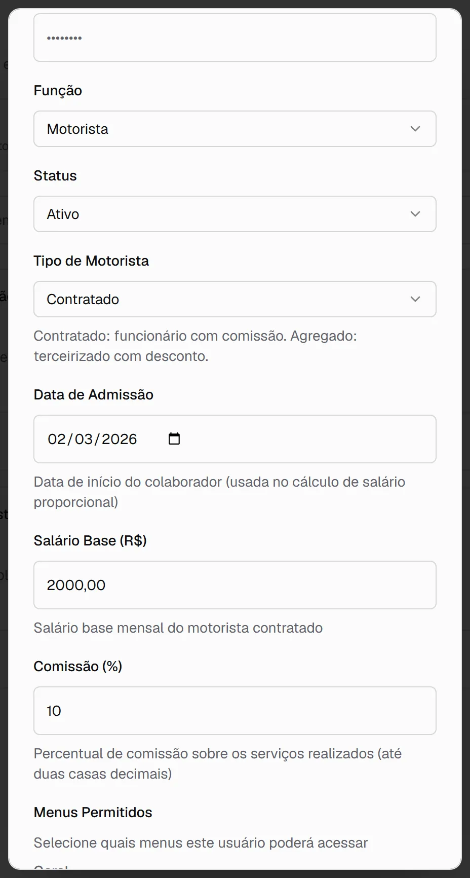 Campos do motorista contratado na janela Novo Usuário