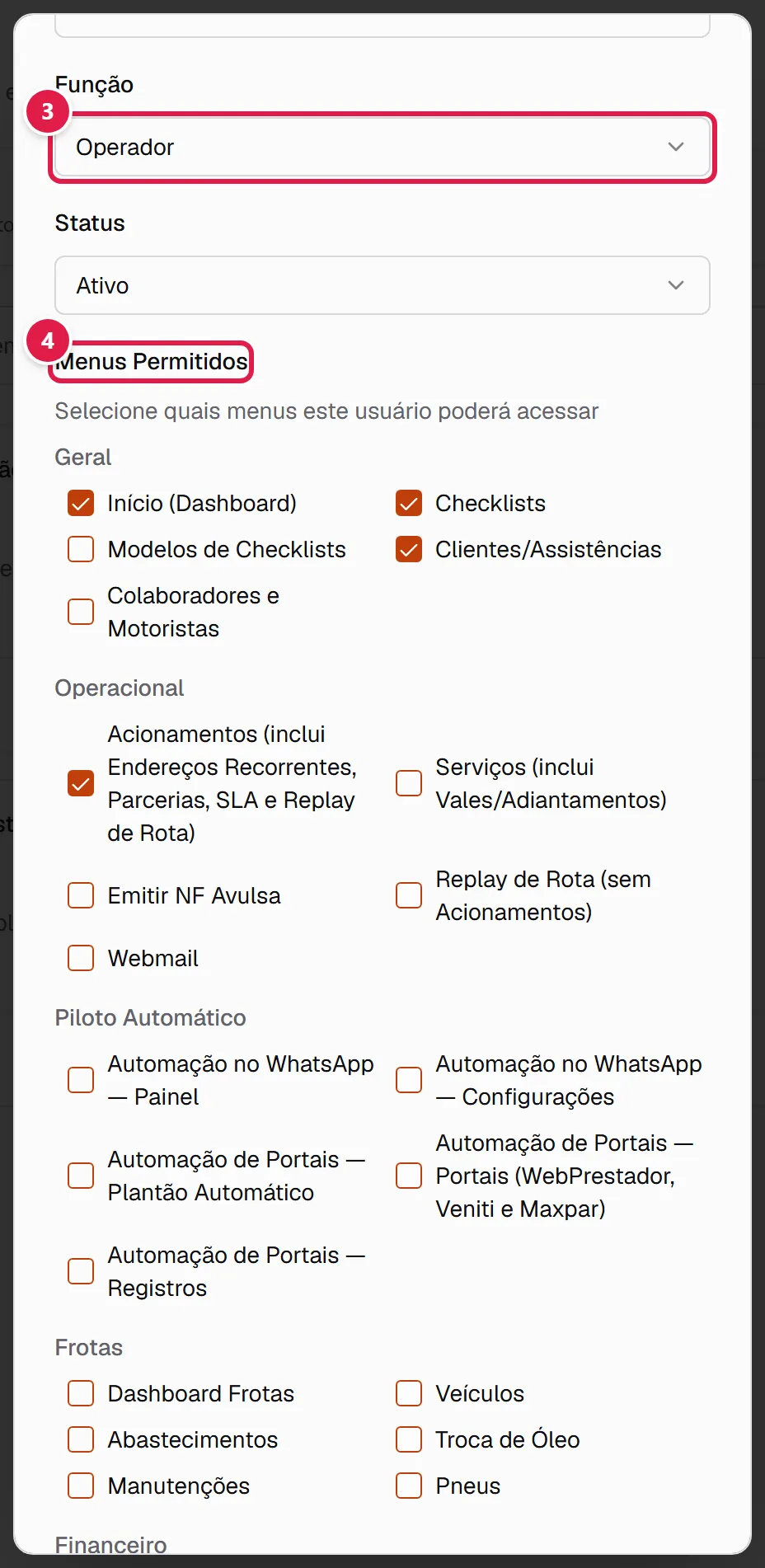 Lista Menus Permitidos de um operador