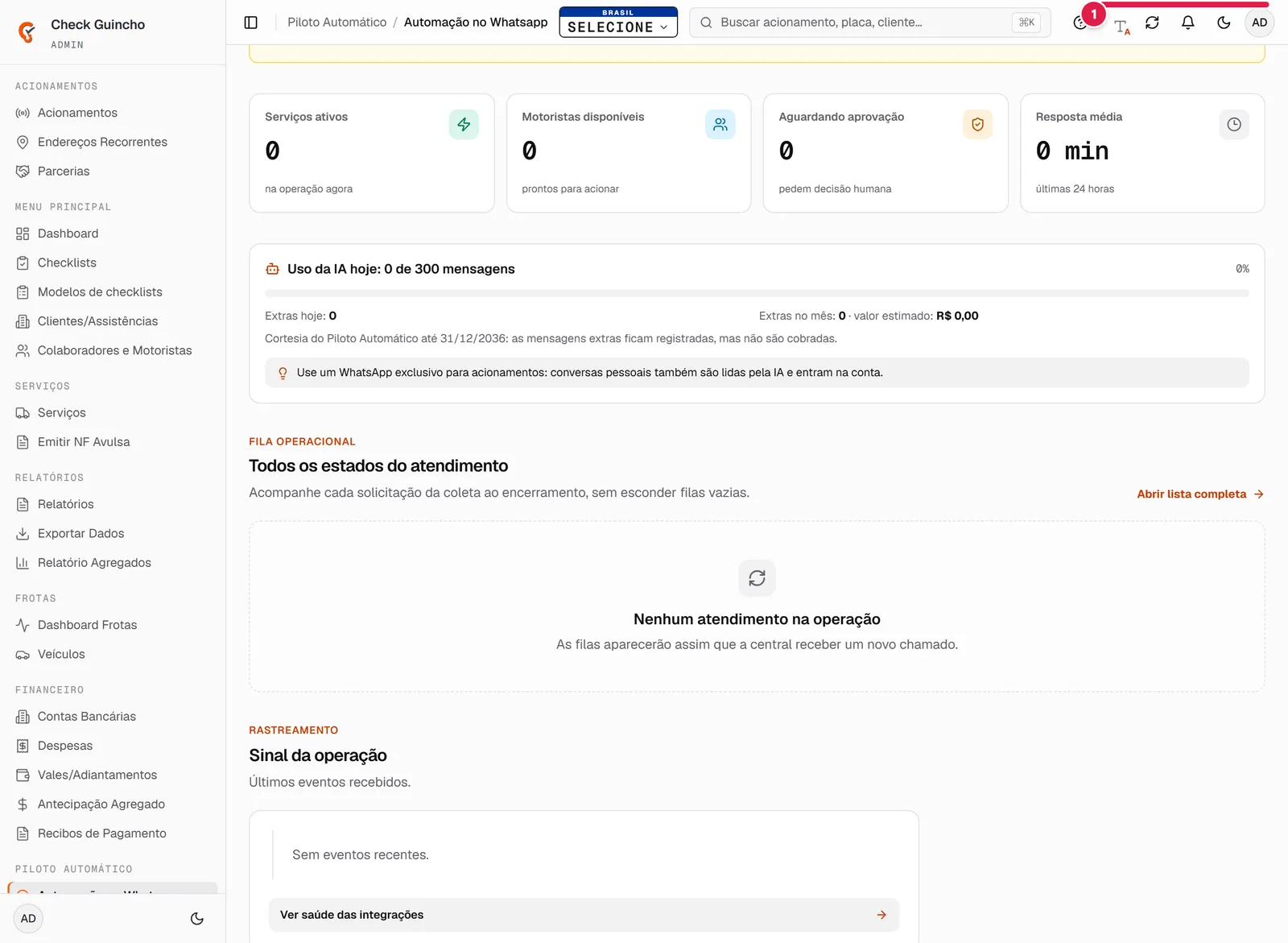 Painel da automação no WhatsApp