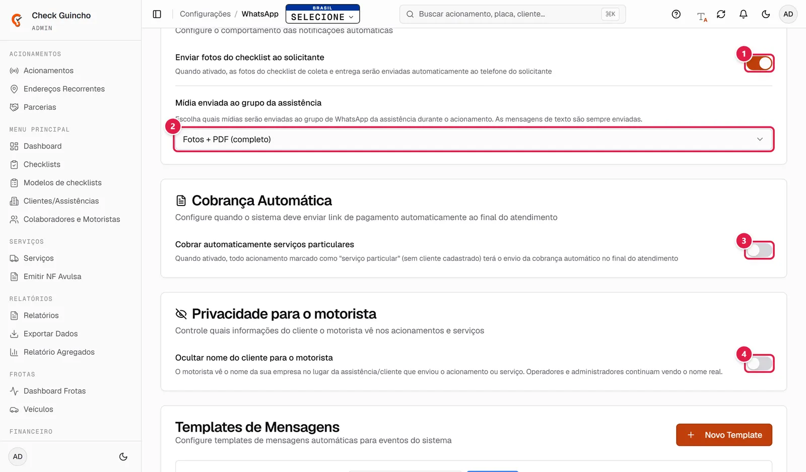 Opções de automação, cobrança e privacidade