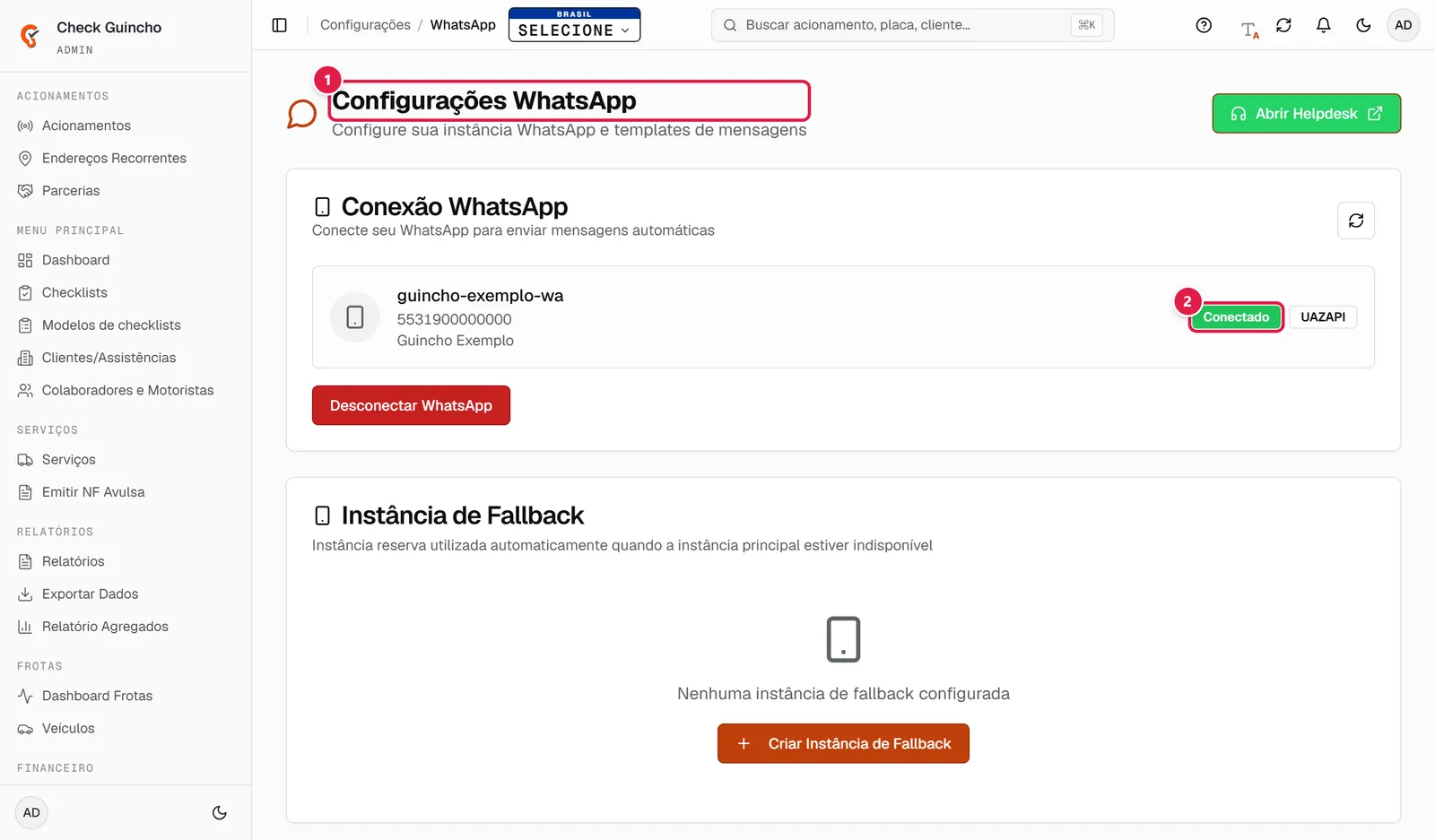 Tela Configurações WhatsApp com o quadro de conexão