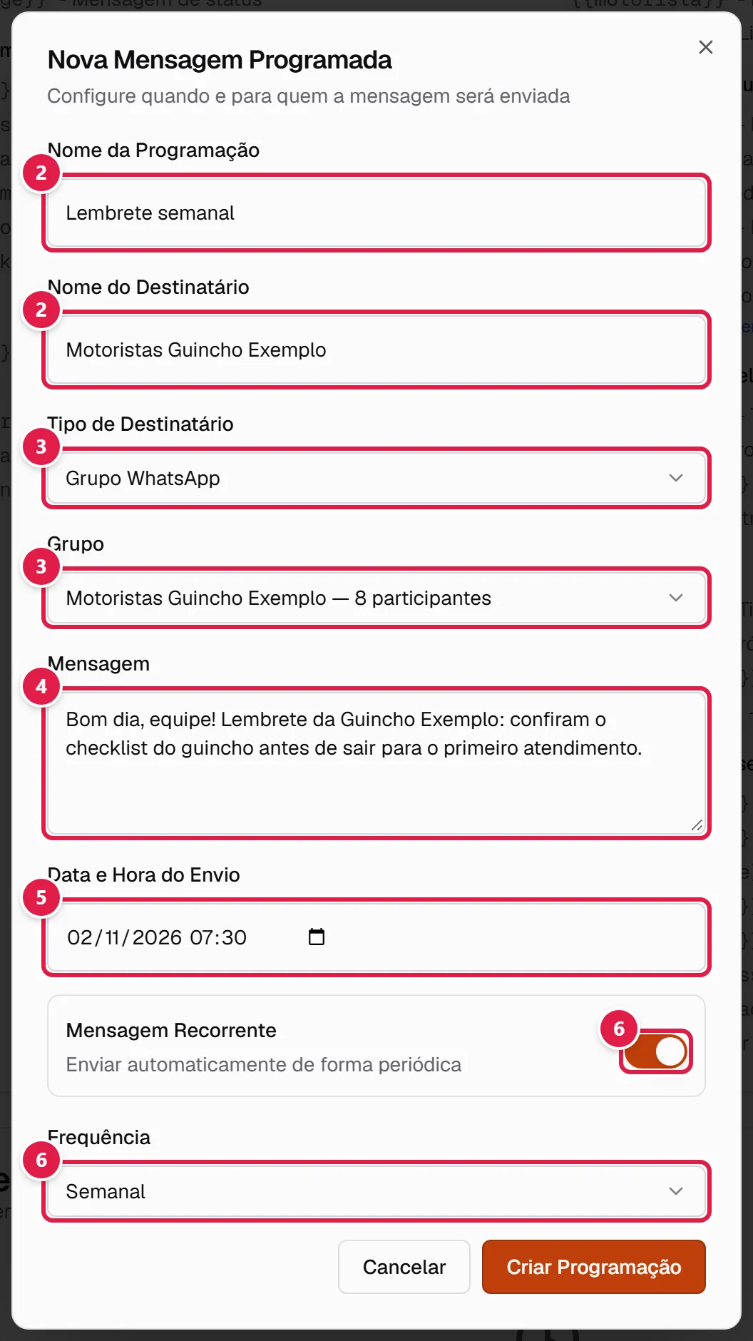 Janela de nova mensagem programada
